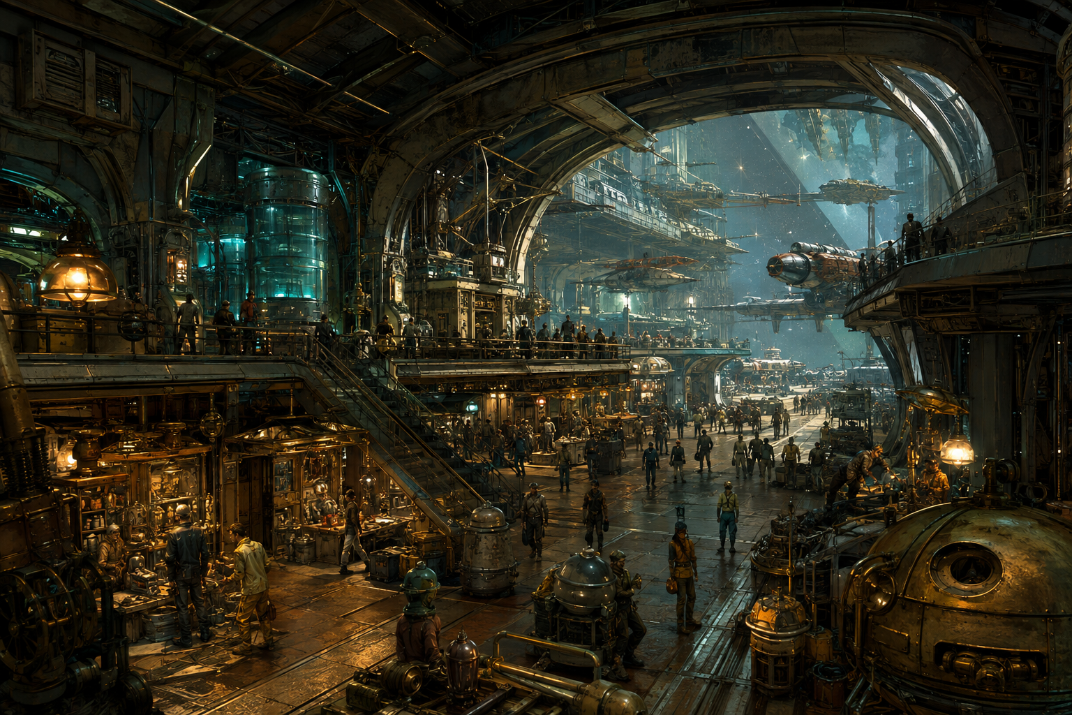 A bustling station interior with salvage stalls, overhead walkways and ships beyond the hangar