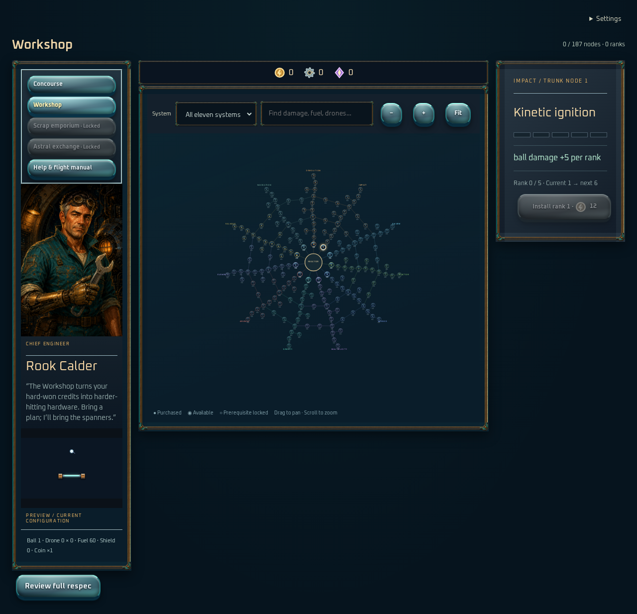 Workshop skill tree with connected upgrade nodes