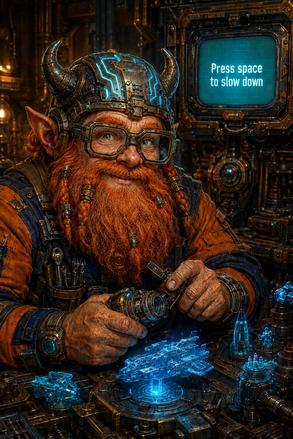 {hal}, copper orange-red-bearded space-dwarf engineer in his late forties wearing a short-horned high-tech helmet