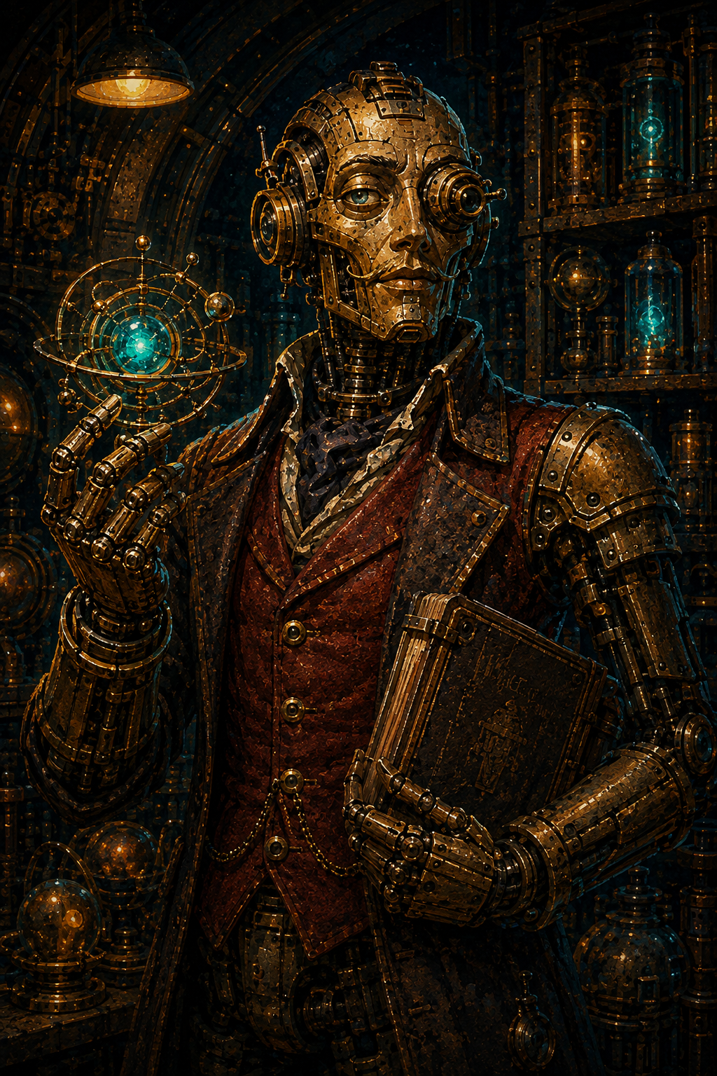 {curator}, a brass robot relic broker holding an orbital relic and an antique ledger