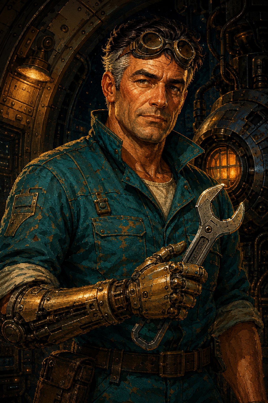 {rook}, a veteran space mechanic with goggles and a brass prosthetic arm