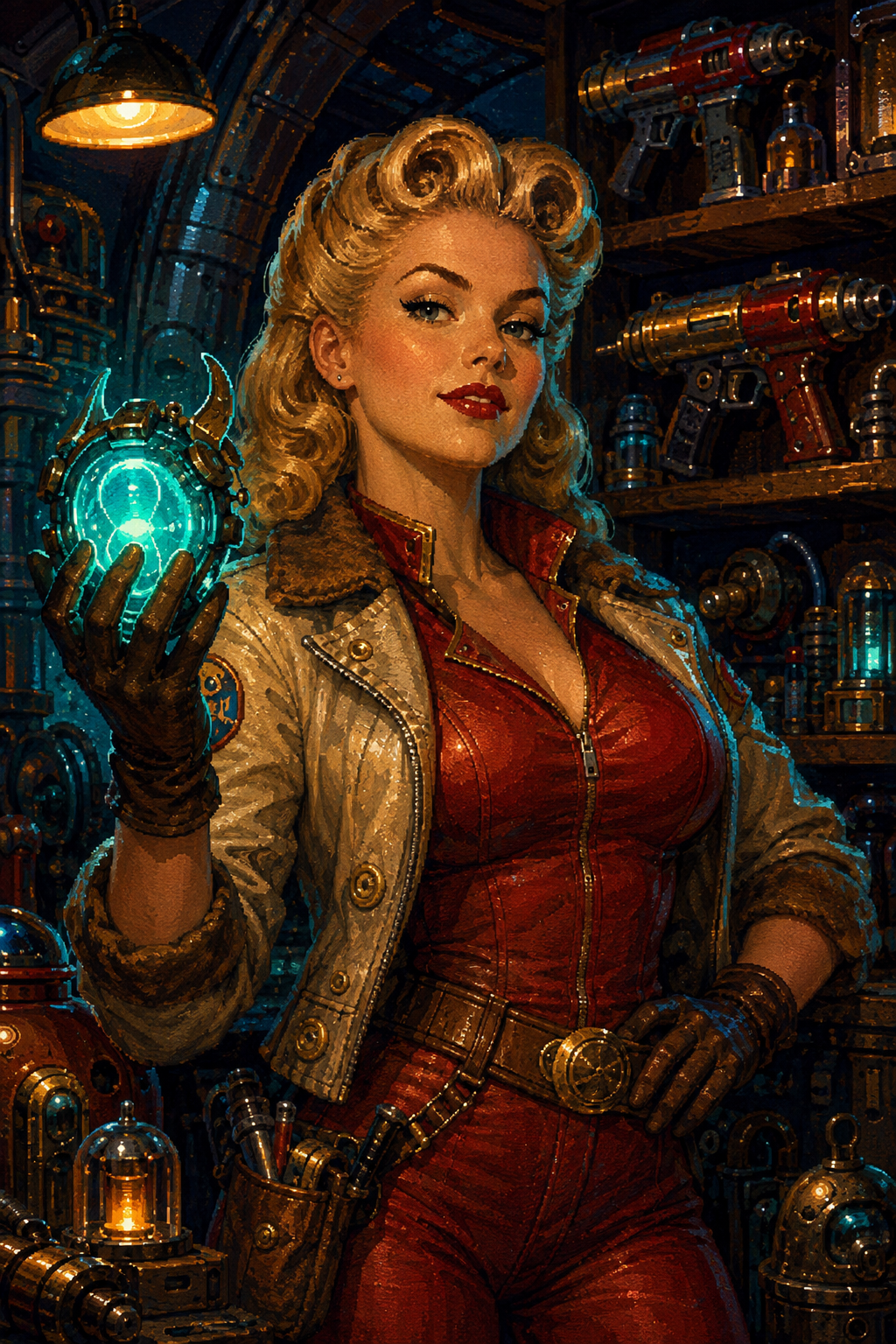 {vex}, blonde pulp sci-fi salvage trader holding a glowing power core