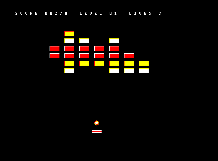 BRICKFALL in play: HUD, six rows of bevelled bricks, the ball and the bat