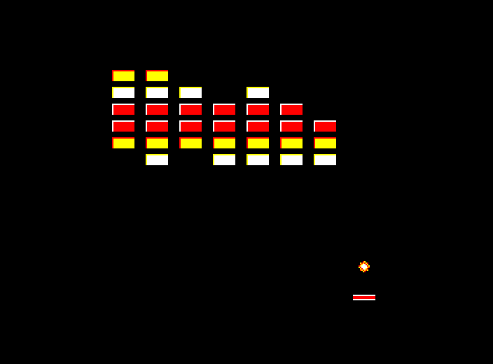Six rows of bevelled bricks with gaps knocked out, the ball and the bat