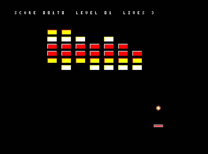 The HUD reading SCORE, LEVEL 01, LIVES 3 above the brick field