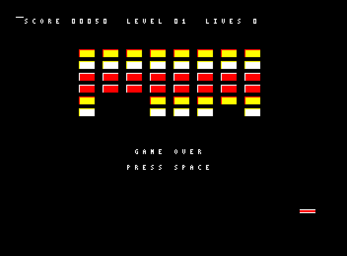 GAME OVER and PRESS SPACE over the brick field with LIVES 0 on the HUD
