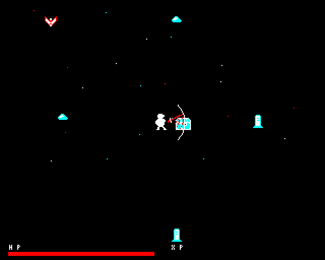 The player swinging the sword at a closed boss chest, with bats, the HP bar and a white arc