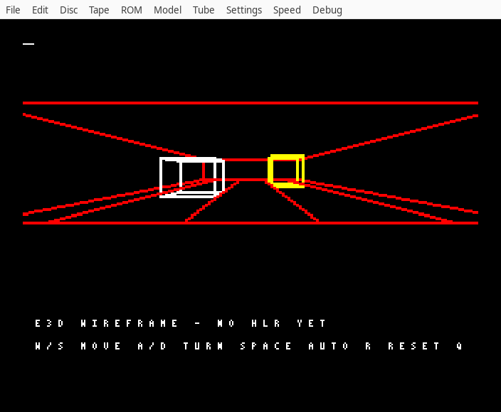 Synthetic wireframe room and two boxes rendered on an emulated Master Turbo