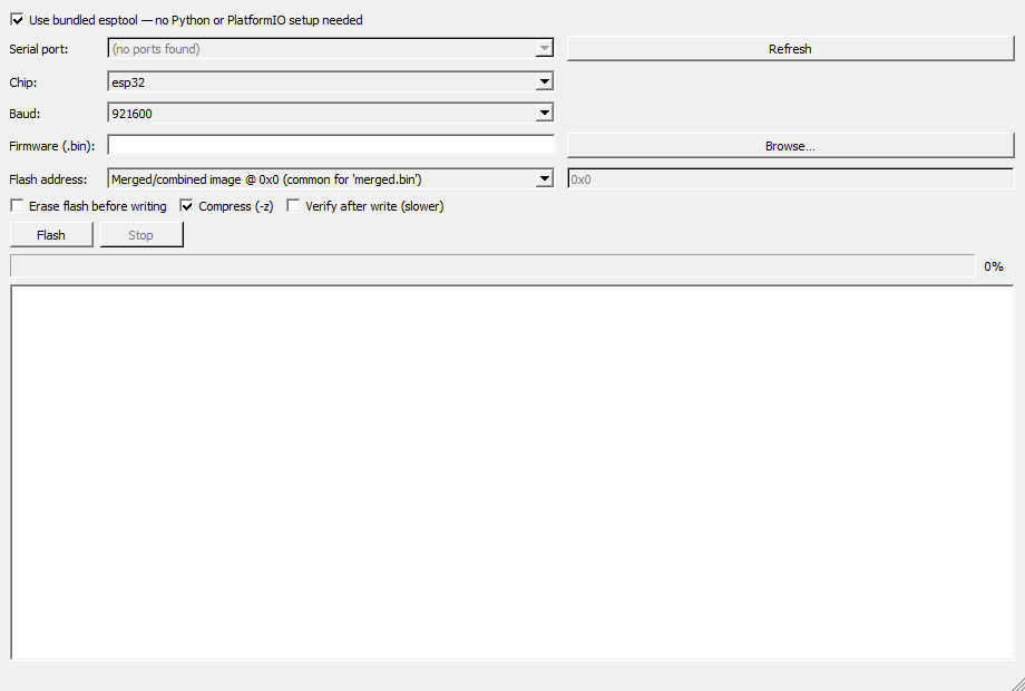 Packaged ESP32 Firmware Flasher running on Windows 10
