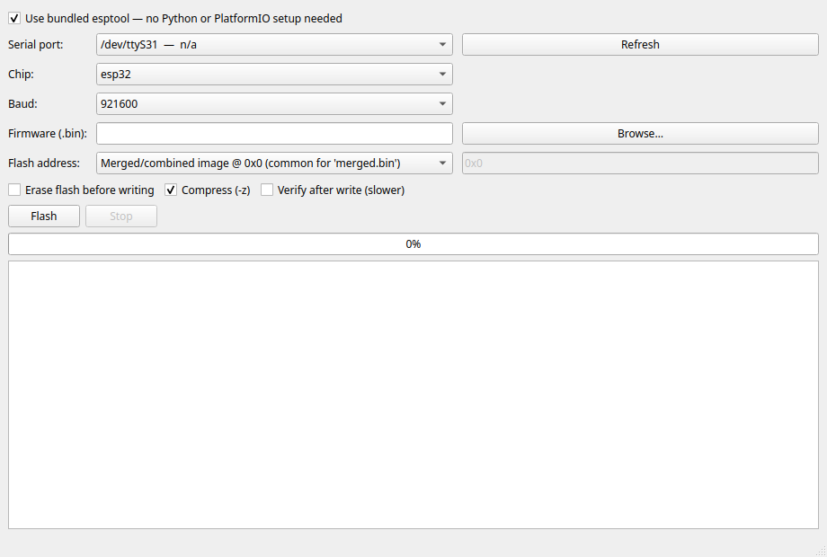 ESP32 Firmware Flasher desktop window with bundled tool selection, serial port, firmware and address controls
