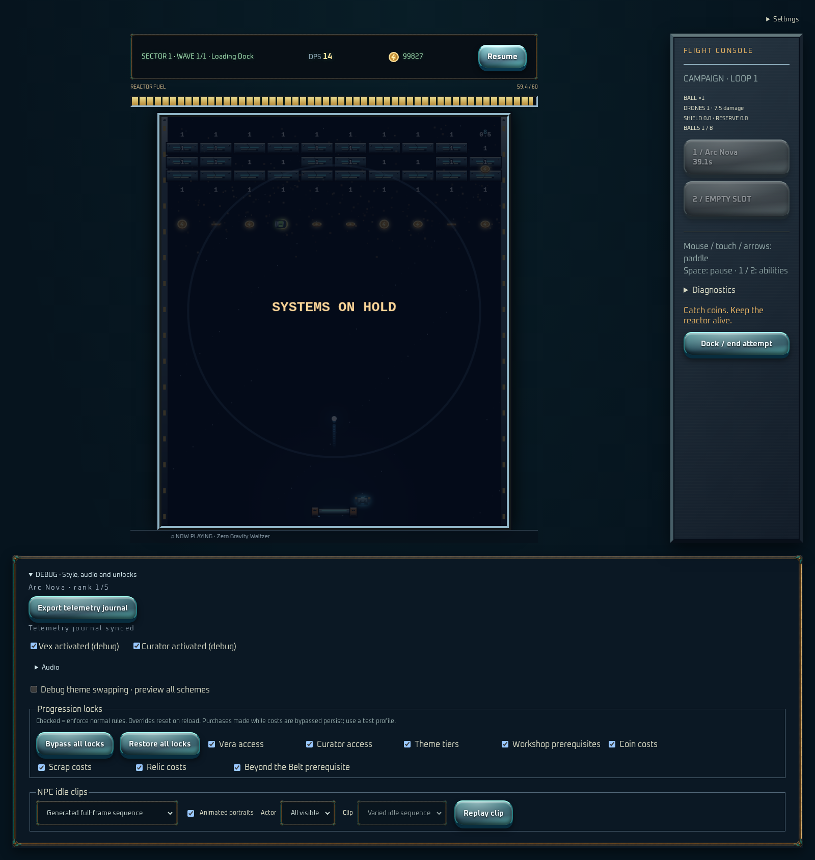 Gameplay field showing the ship, ball, brick wall, coins and fuel bar